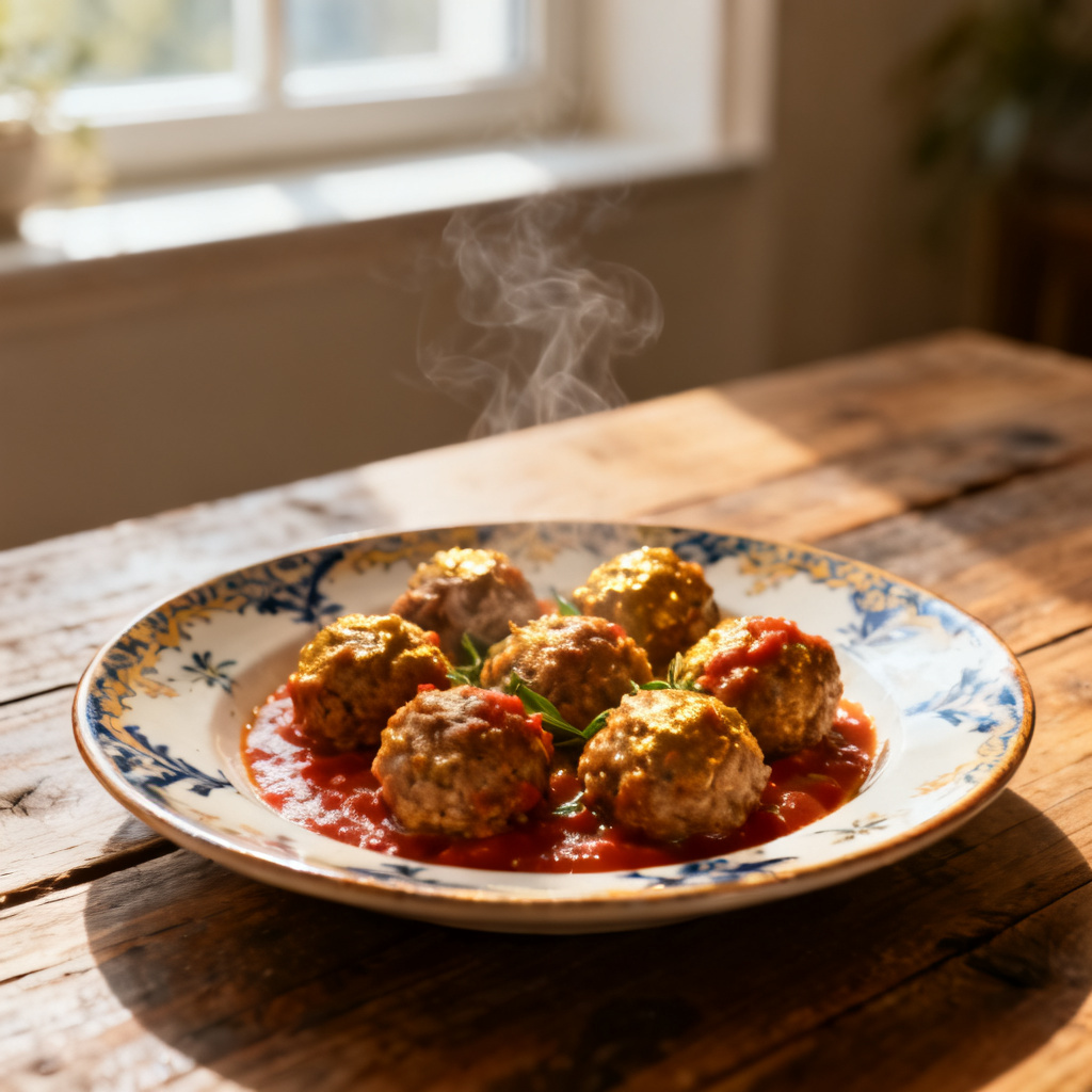 Italienska köttbullar i tomatsås med matvetepudding