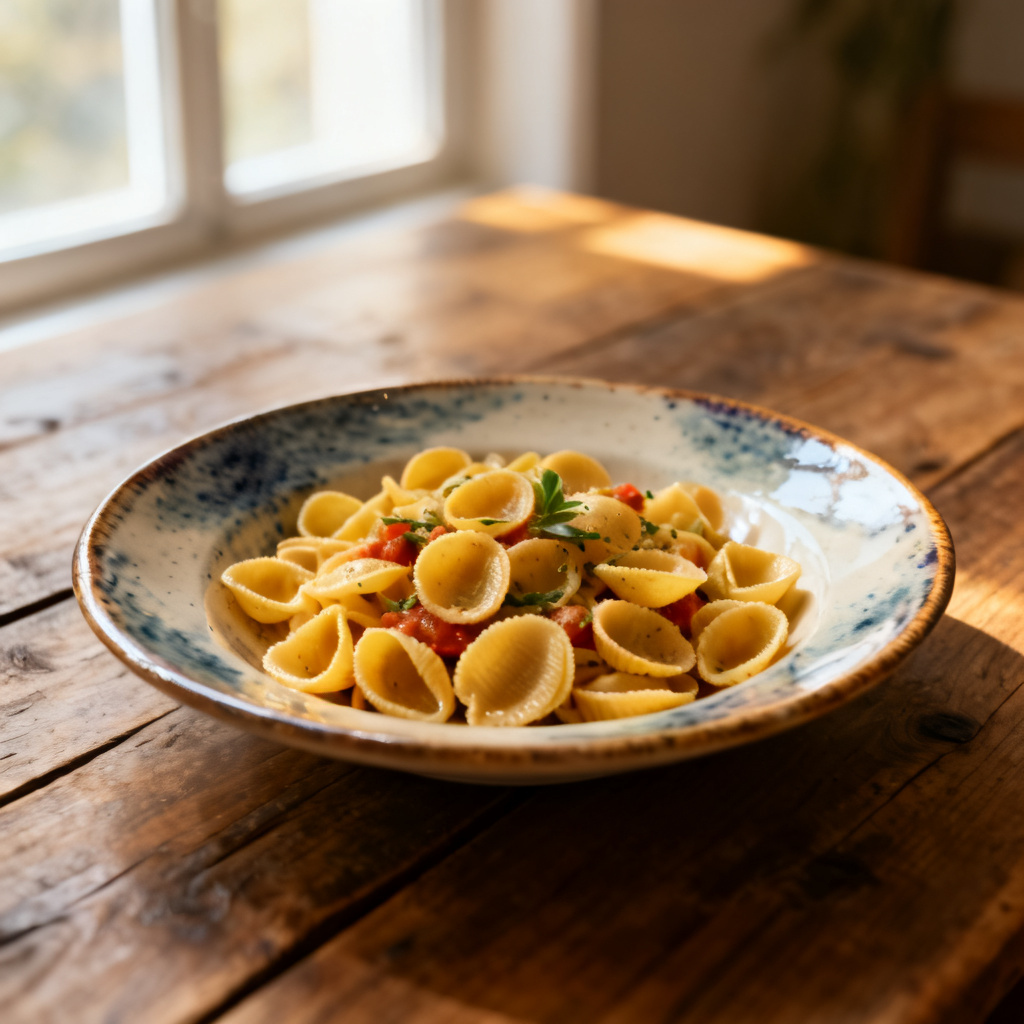 Pancetta, ärtor och sparris orecchiette-gratäng