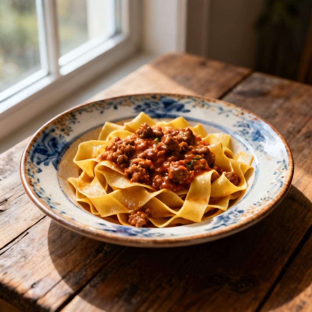 Pappardelle med korv och bolognese på fänkål