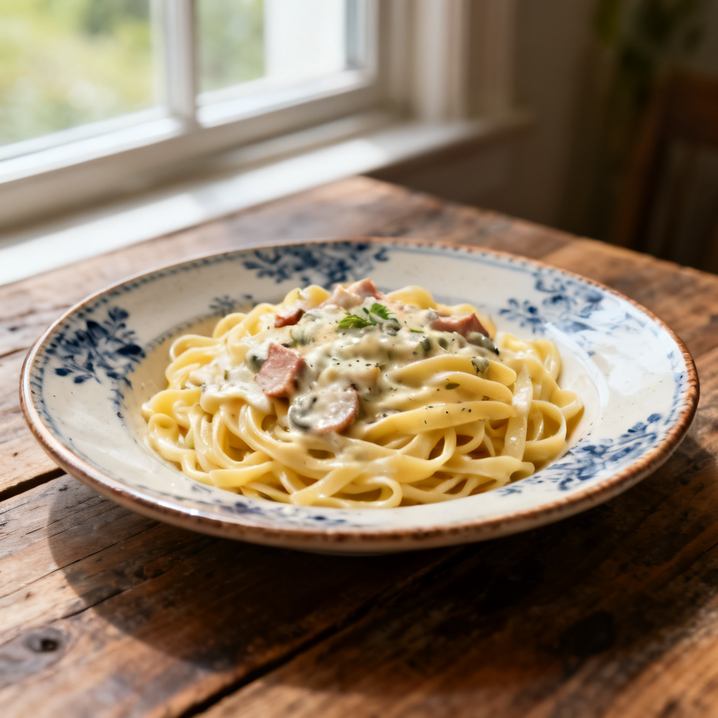 Pasta Alfredo med grädde och sojabönor