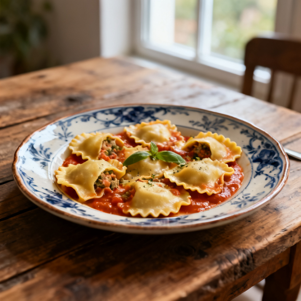 Kokoskal och getost ravioli med brynt smör + oregano ströbröd.