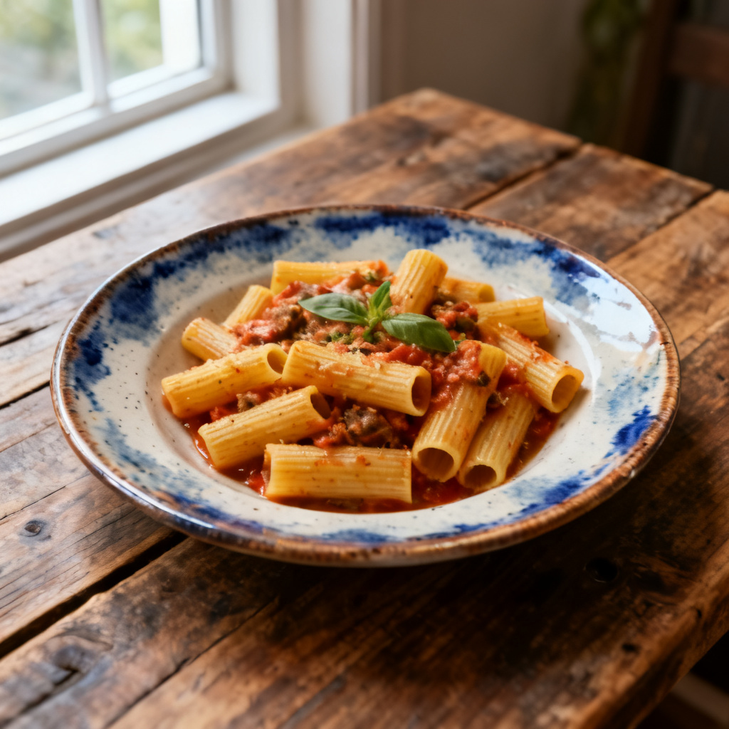 Cheesy Rigatoni Skillet med svamp och spenat