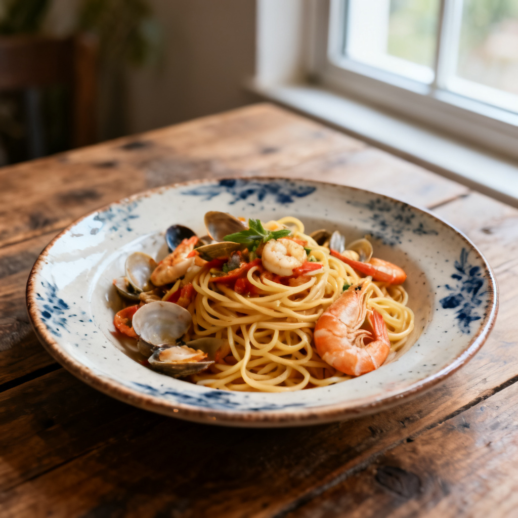 Spaghetti med räkor och ostsås med smak av fänkål