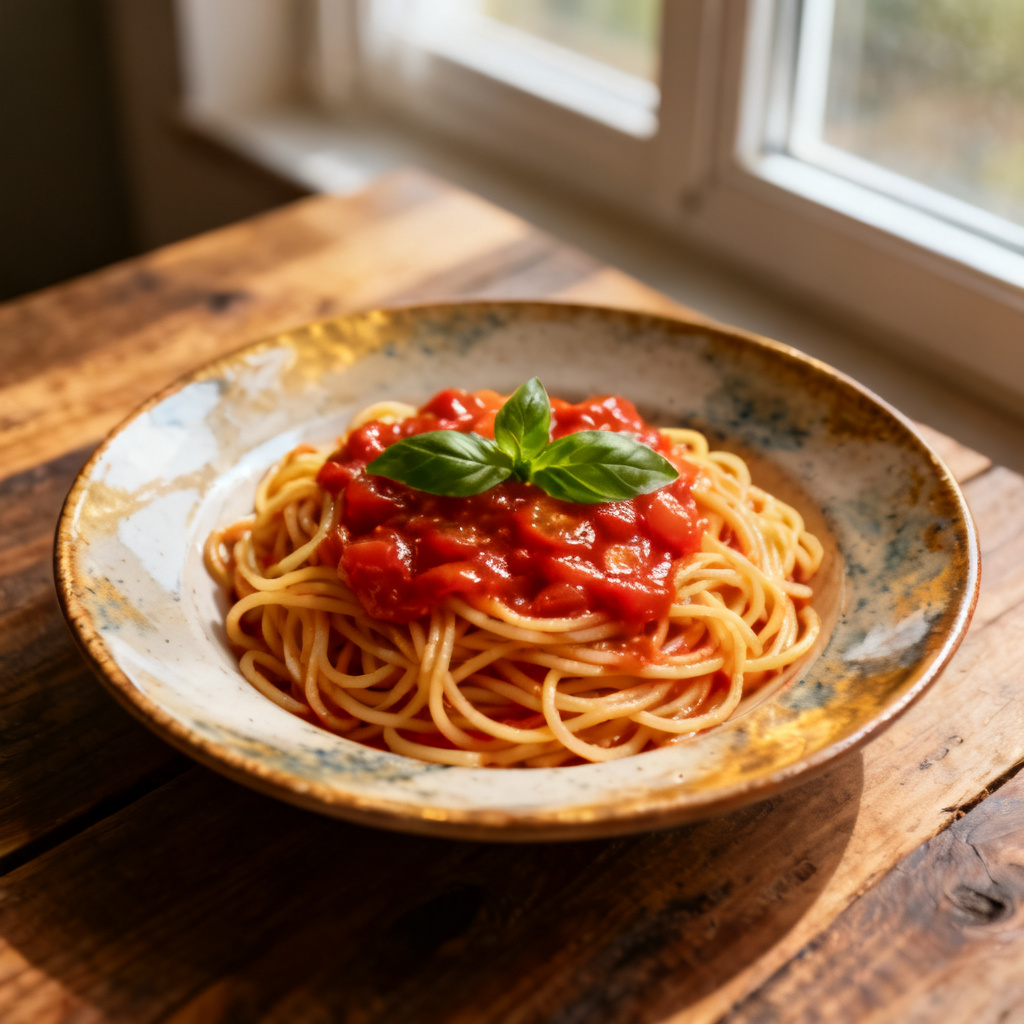Kyckling med spaghetti i tomatsås med fetaostsmul