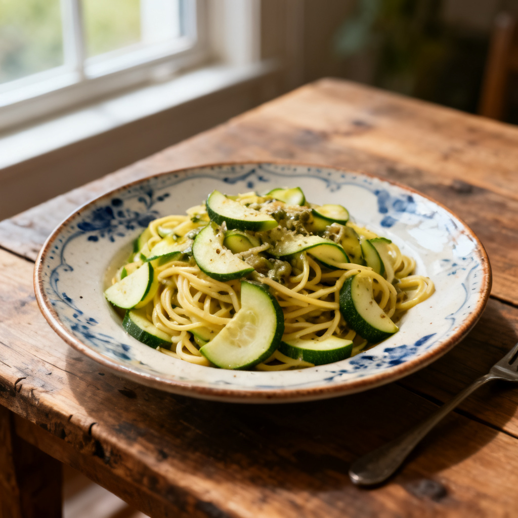 Grön Gudinna Zucchinipasta med stekt Halloumi.