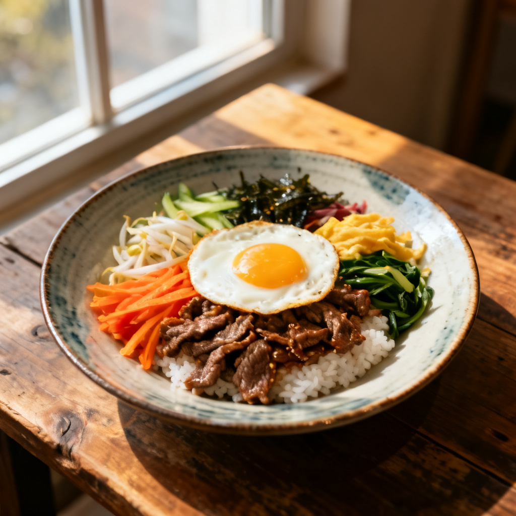 Koreanska stekta räkor ris skålar med kimchi + knapriga nudlar.