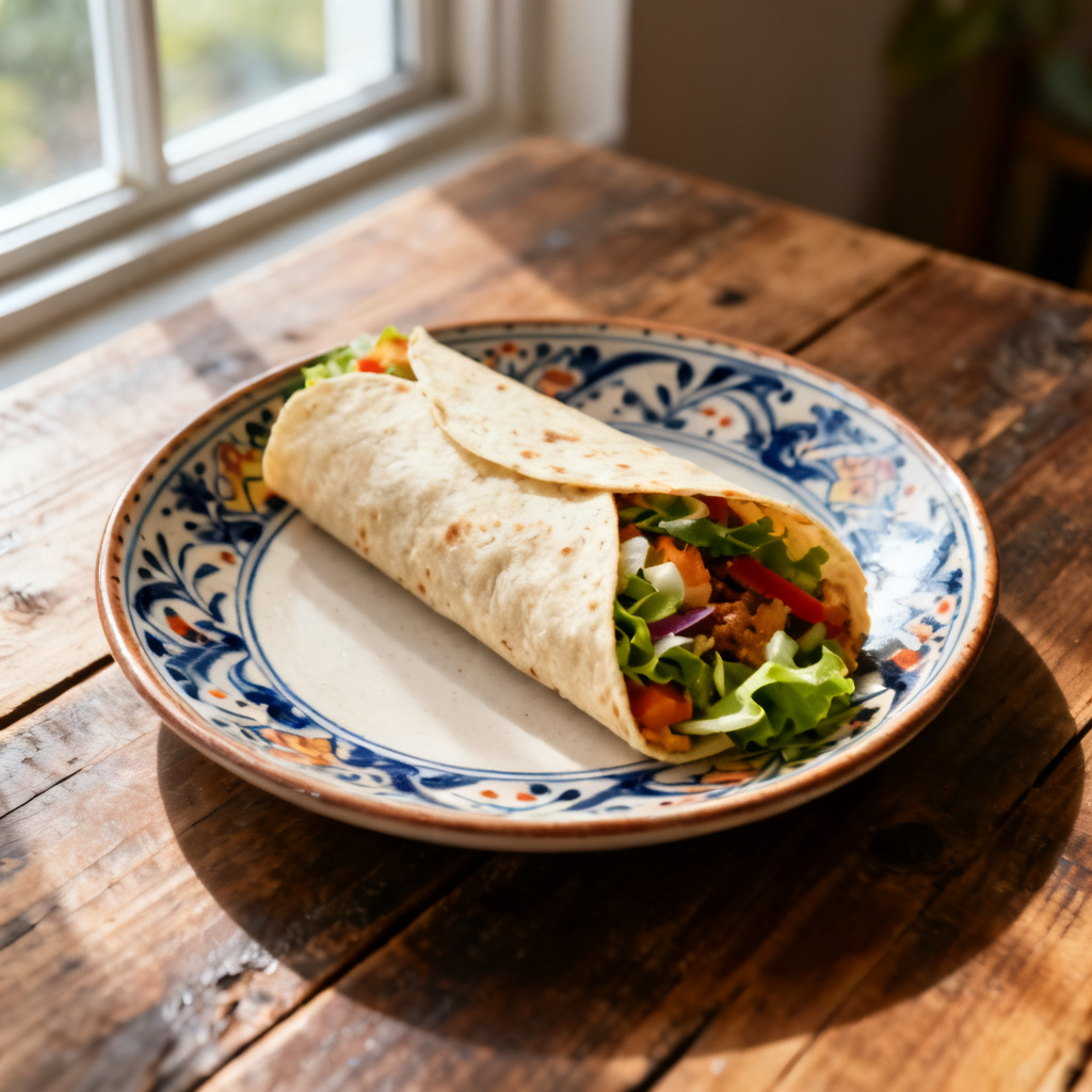 Het wrap med kycklingfilé eller kalkonfilé, chimichurri, tomat och sockerärter