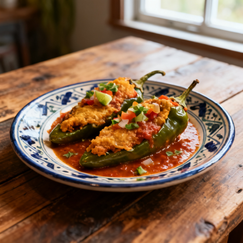 Grillade Chiles Rellenos med Chipotle Mango-Persika Mojo Räkor.