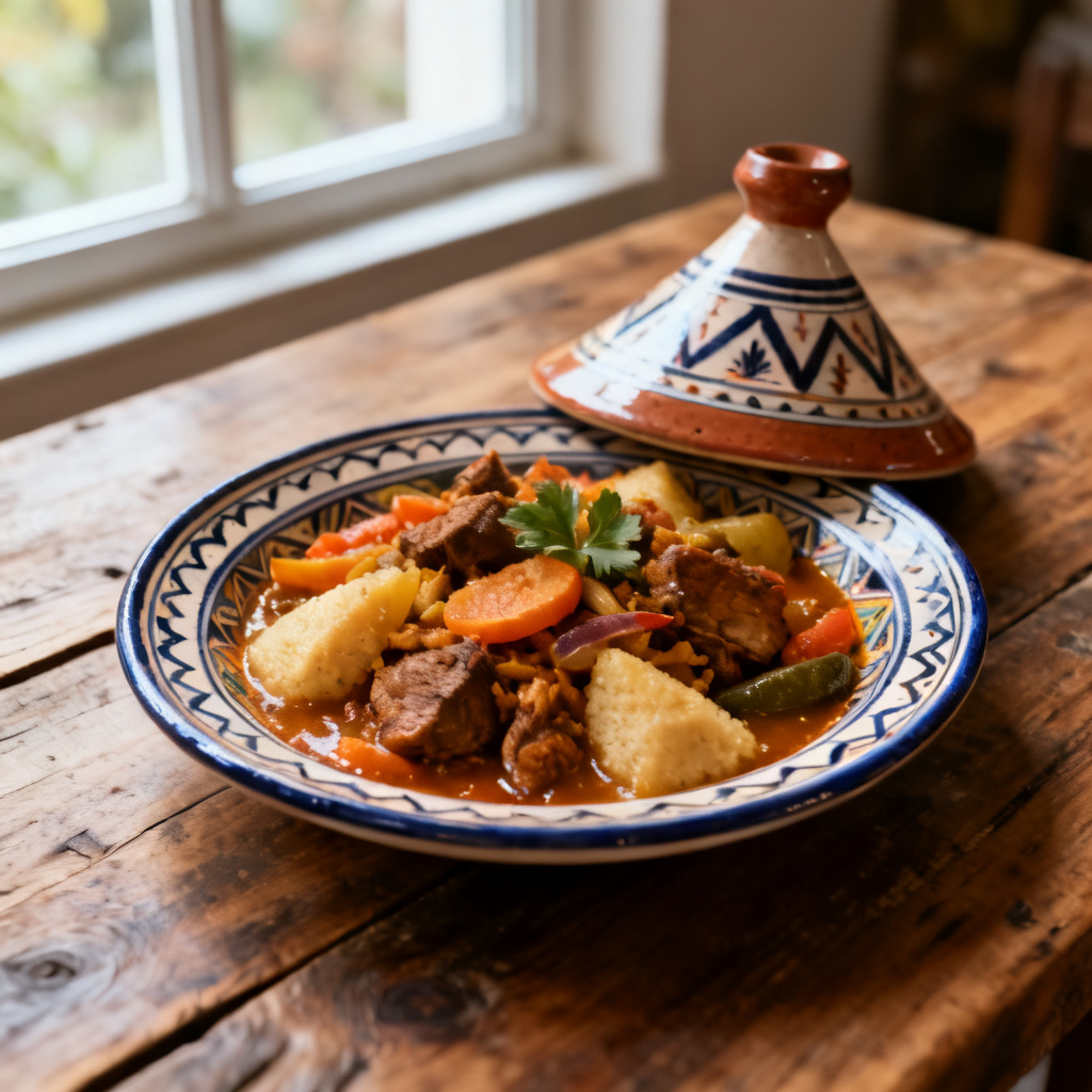 Starka köttbullor tagine med bulgur och kikärter
