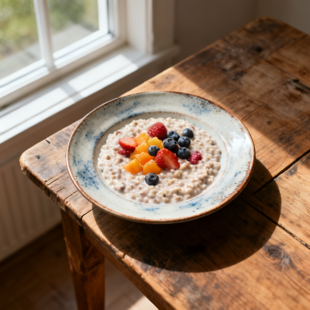 Gröt med bärkompott, yoghurt och skummad mjölk