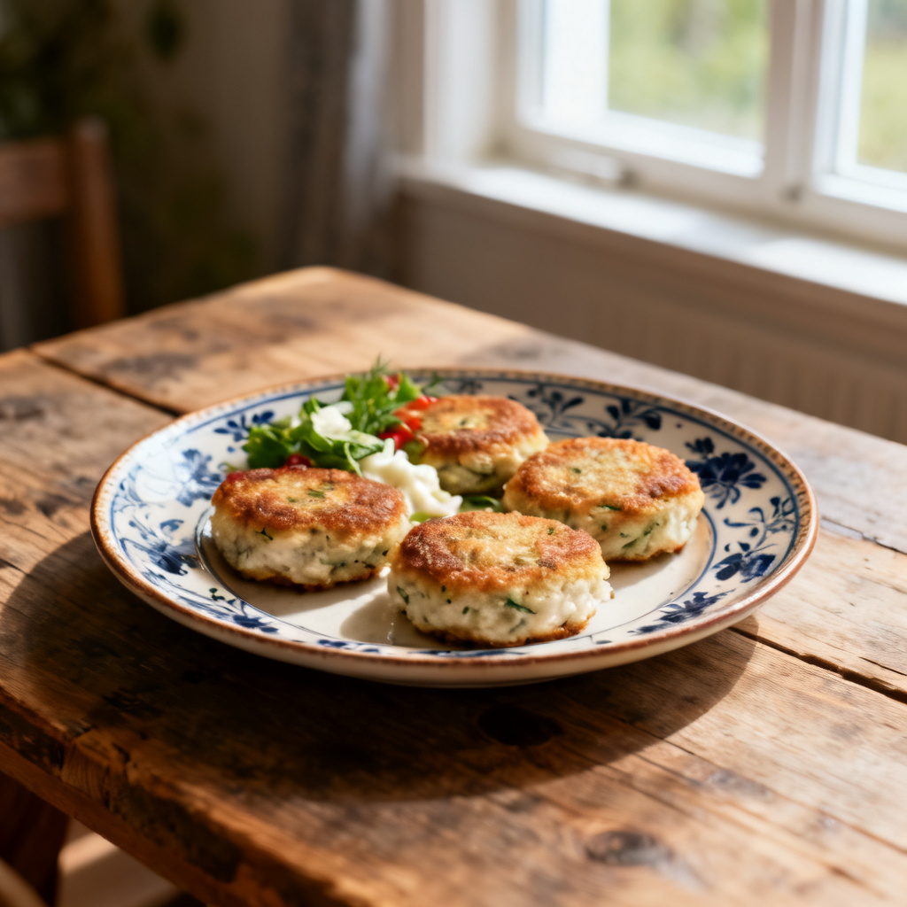 Stekta fiskkakor med söt potatis och brända grönsaker