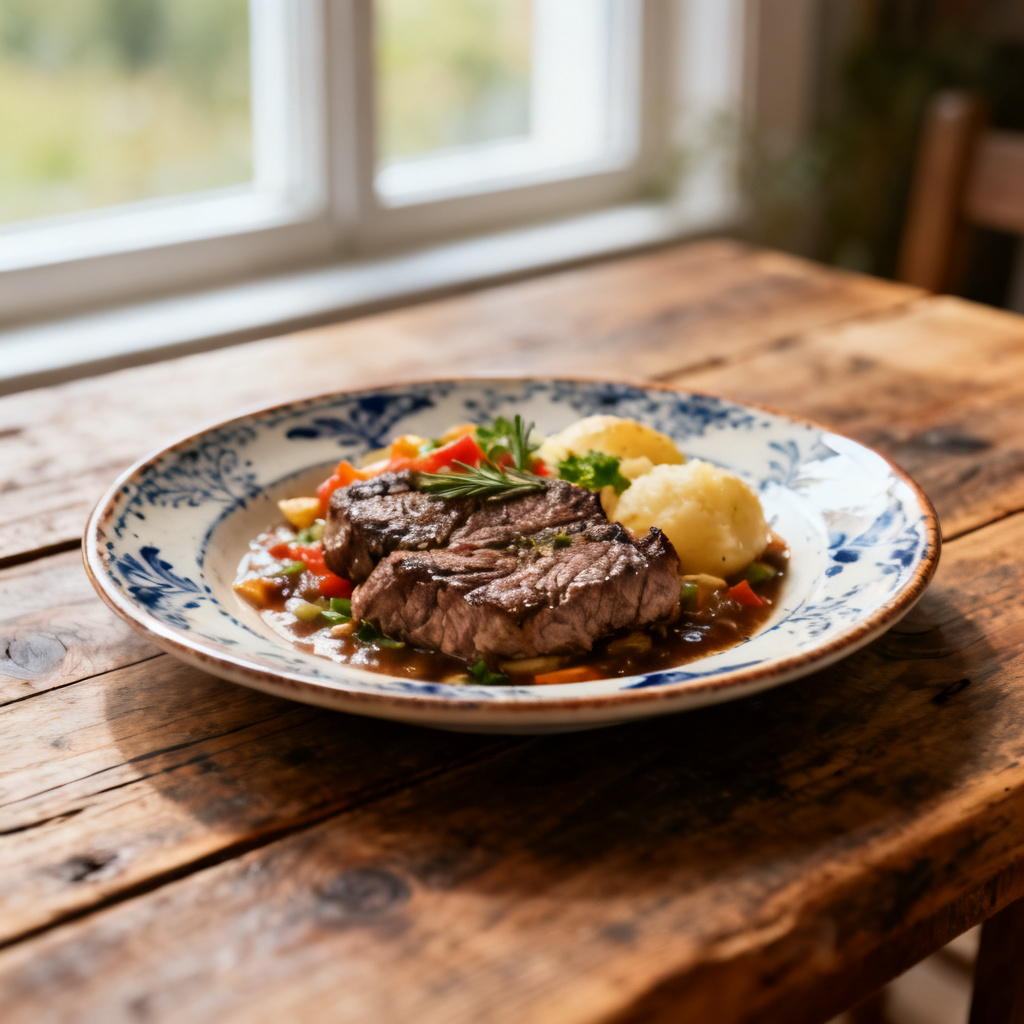 Minutbiff med bakade potatisskivor och tzatziki