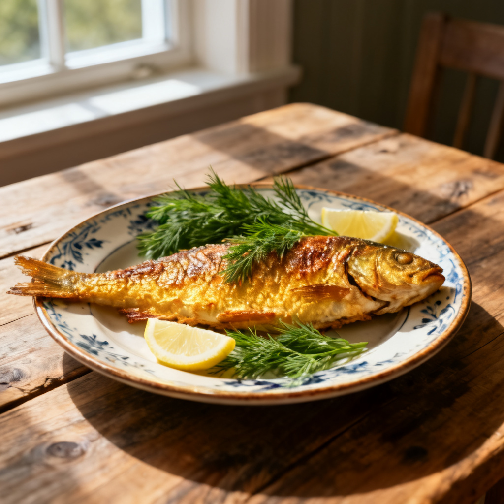 Dillpanerad fisk med remouladsås och ärtor