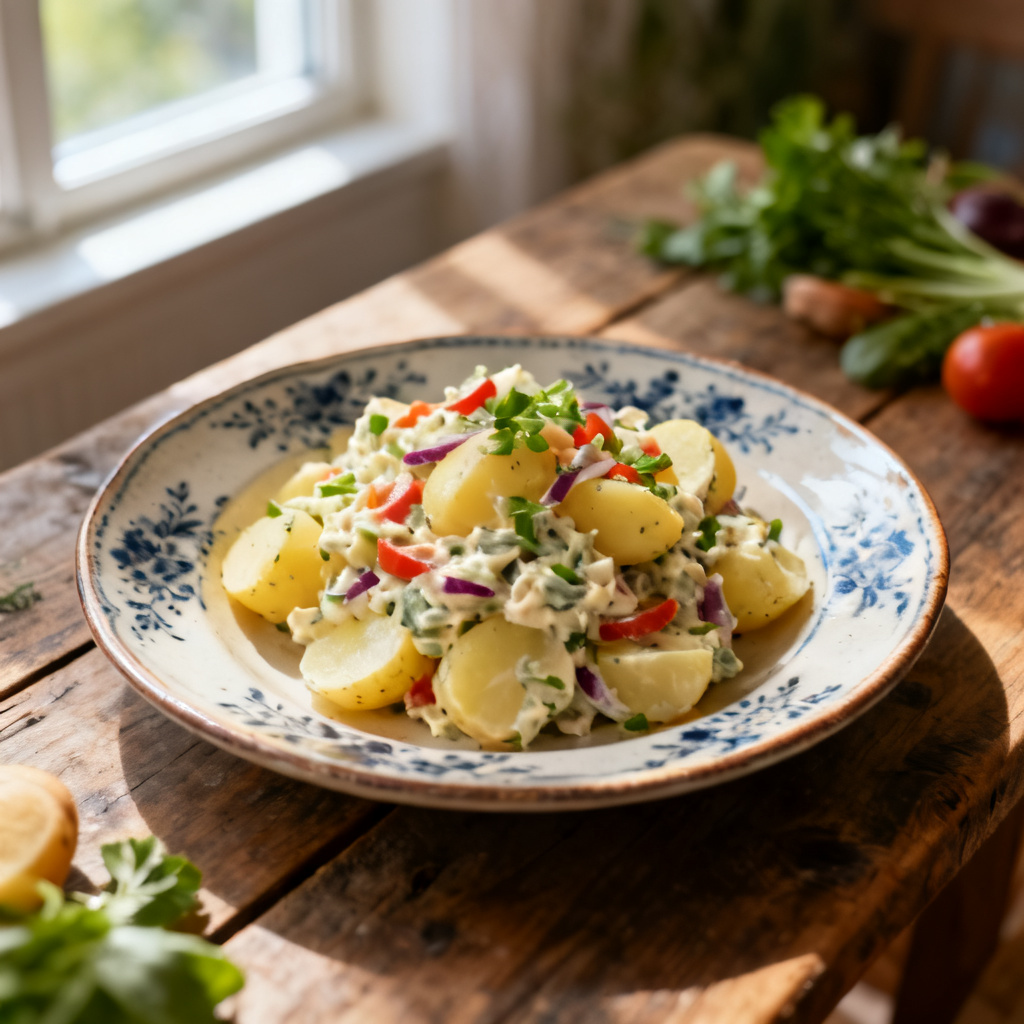 Dillig potatissallad med tonfisk, sockerärtor och ägg