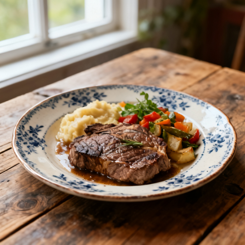 Slottsstek med hasselbackspotatis, rönnbärsgelé och inlagd gurka