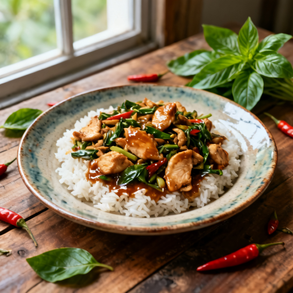 Stir-fried chicken with chillies & basil